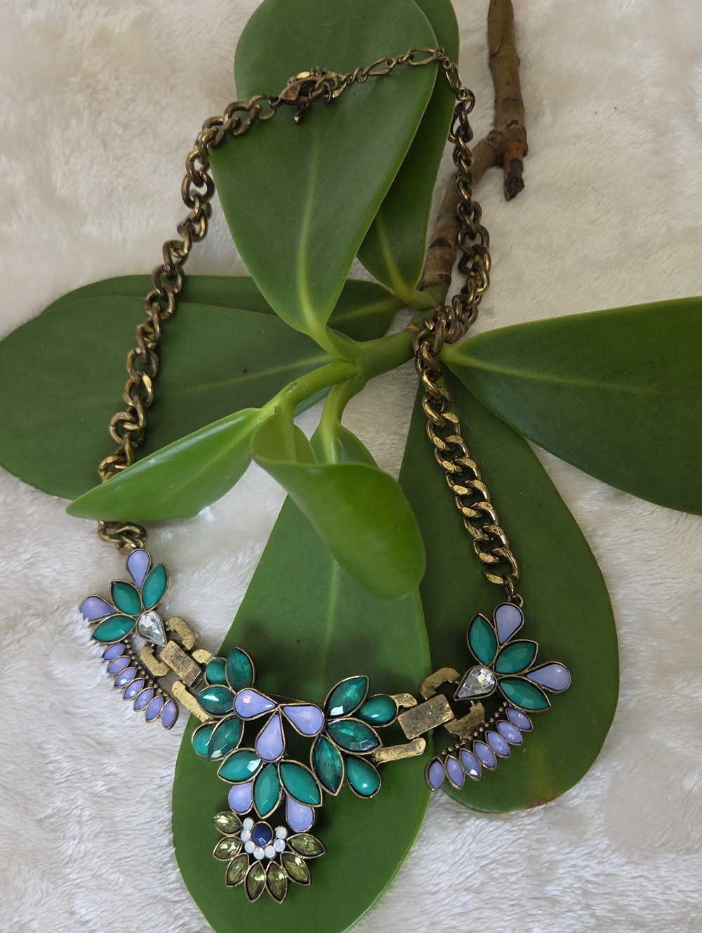 Vintage J. Crew Mint & Purple Floral Bib Necklace.